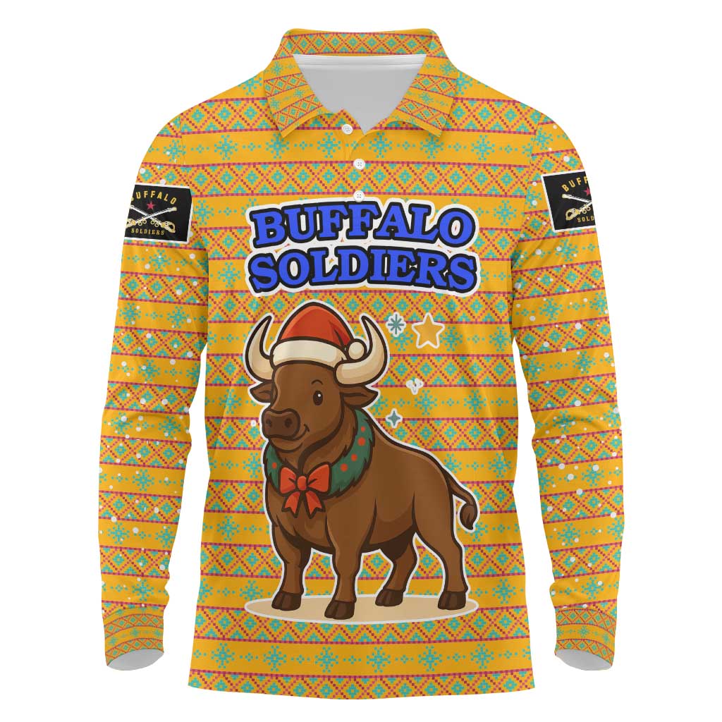 Buffalo Soldiers Christmas Long Sleeve Polo Shirt Yellow Cartoon Buffalo Santa Hat Design - African Pride