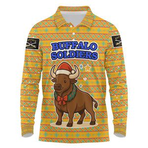 Buffalo Soldiers Christmas Long Sleeve Polo Shirt Yellow Cartoon Buffalo Santa Hat Design - African Pride