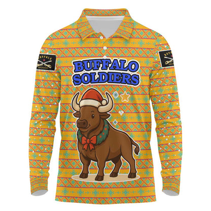 Buffalo Soldiers Christmas Long Sleeve Polo Shirt Yellow Cartoon Buffalo Santa Hat Design - African Pride