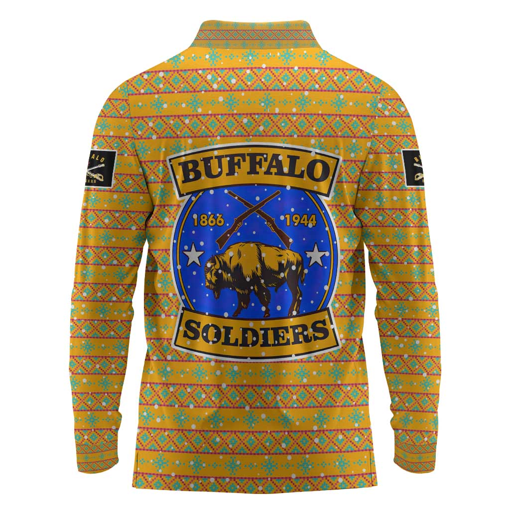 Buffalo Soldiers Christmas Long Sleeve Polo Shirt Yellow Cartoon Buffalo Santa Hat Design - African Pride