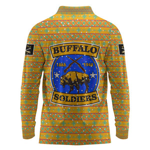 Buffalo Soldiers Christmas Long Sleeve Polo Shirt Yellow Cartoon Buffalo Santa Hat Design - African Pride