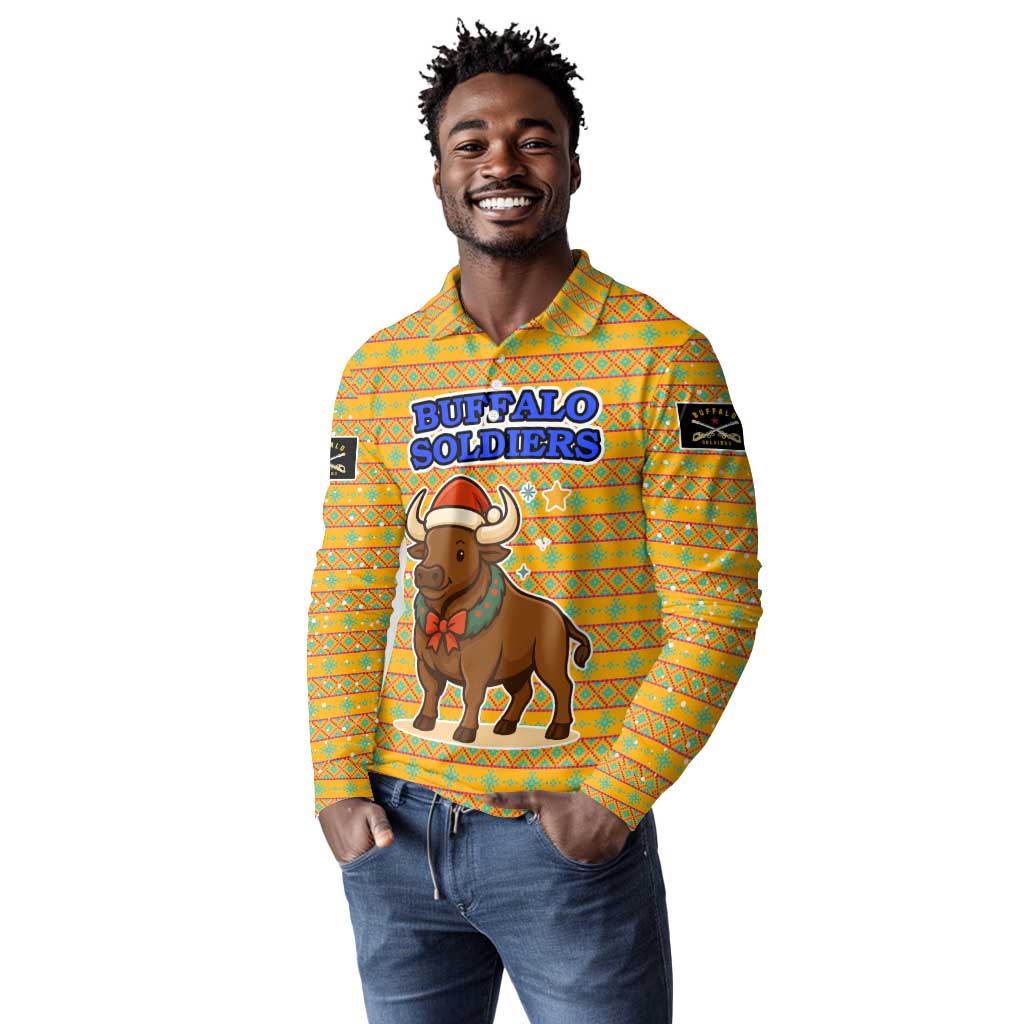 Buffalo Soldiers Christmas Long Sleeve Polo Shirt Yellow Cartoon Buffalo Santa Hat Design - African Pride