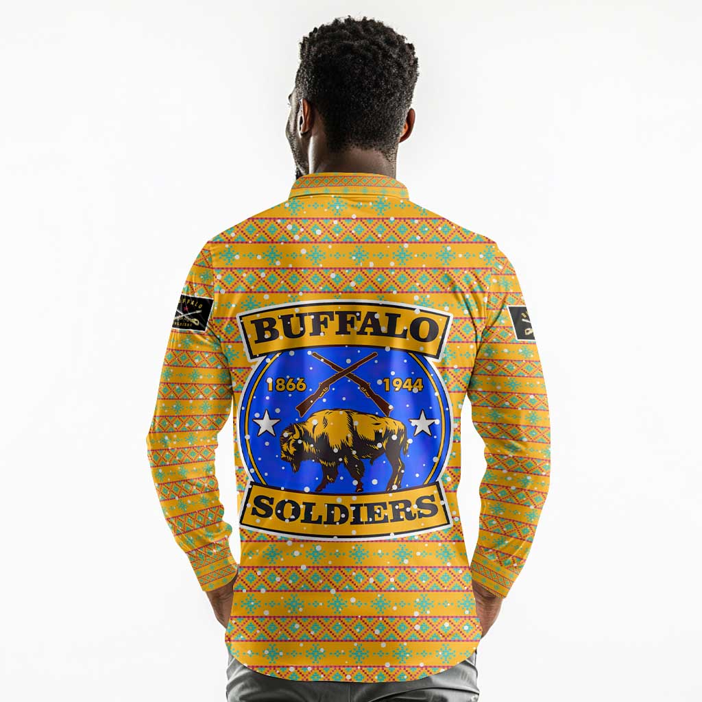 Buffalo Soldiers Christmas Long Sleeve Polo Shirt Yellow Cartoon Buffalo Santa Hat Design - African Pride
