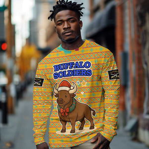Buffalo Soldiers Christmas Long Sleeve Shirt Yellow Cartoon Buffalo Santa Hat Design - African Pride