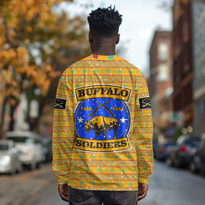 Buffalo Soldiers Christmas Long Sleeve Shirt Yellow Cartoon Buffalo Santa Hat Design - African Pride