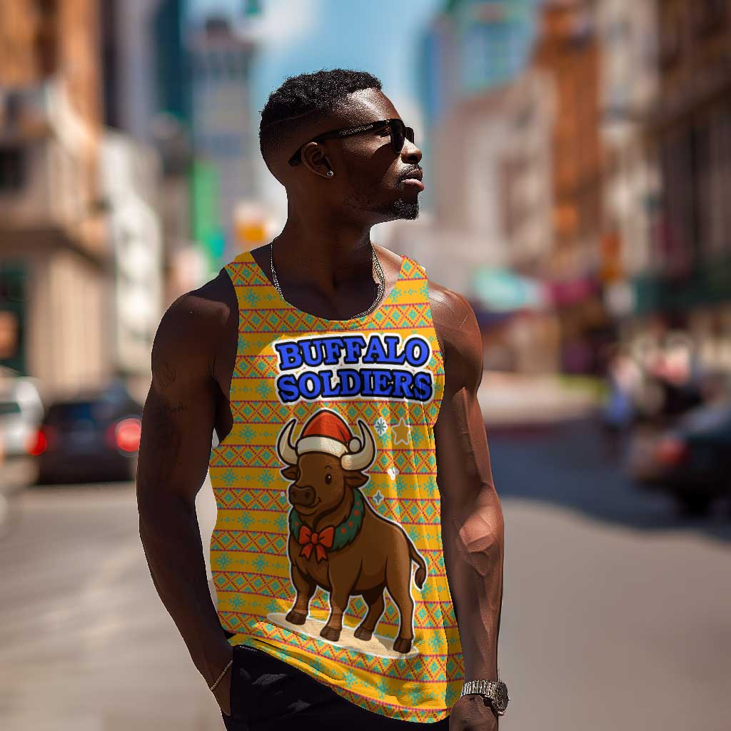 Buffalo Soldiers Christmas Men Tank Top Yellow Cartoon Buffalo Santa Hat Design - African Pride