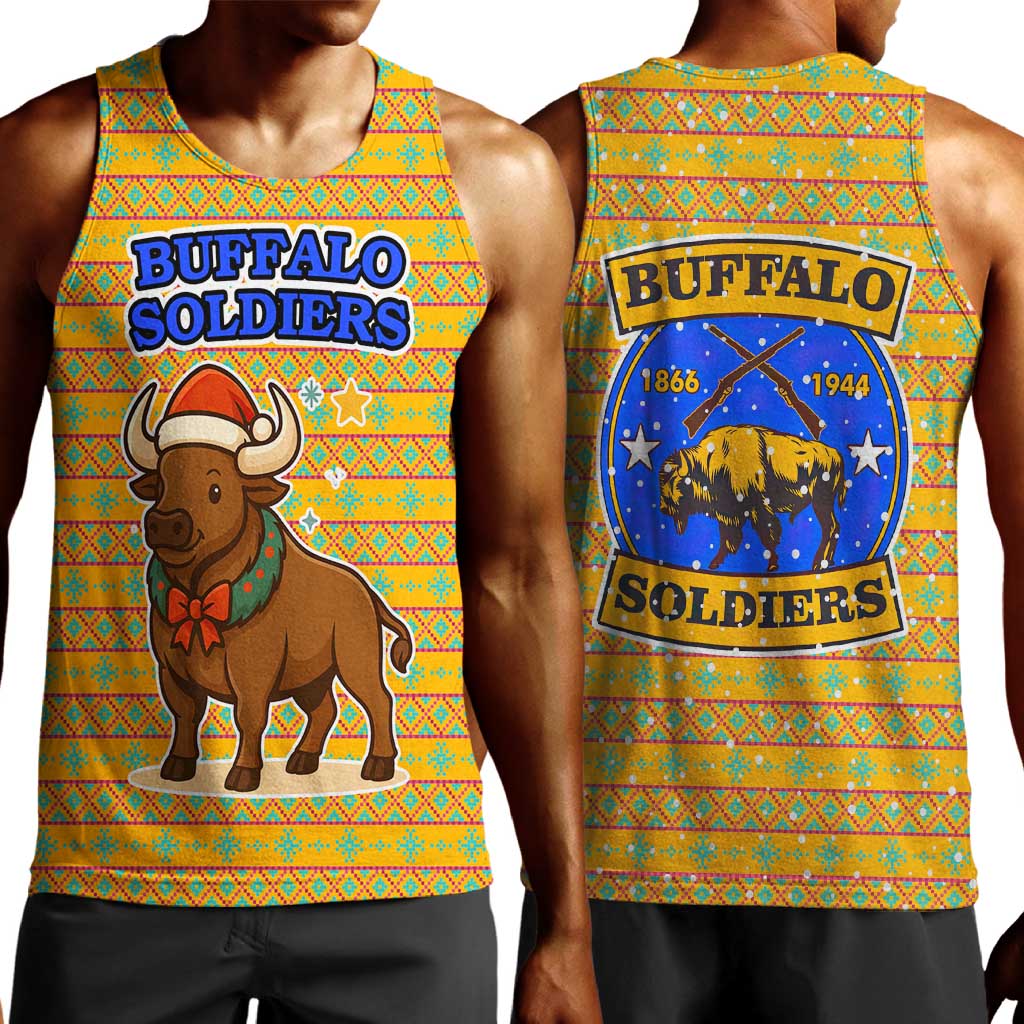 Buffalo Soldiers Christmas Men Tank Top Yellow Cartoon Buffalo Santa Hat Design - African Pride