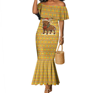 Buffalo Soldiers Christmas Mermaid Dress Yellow Cartoon Buffalo Santa Hat Design - African Pride