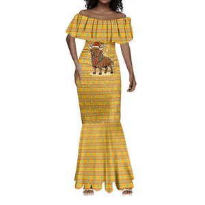 Buffalo Soldiers Christmas Mermaid Dress Yellow Cartoon Buffalo Santa Hat Design - African Pride
