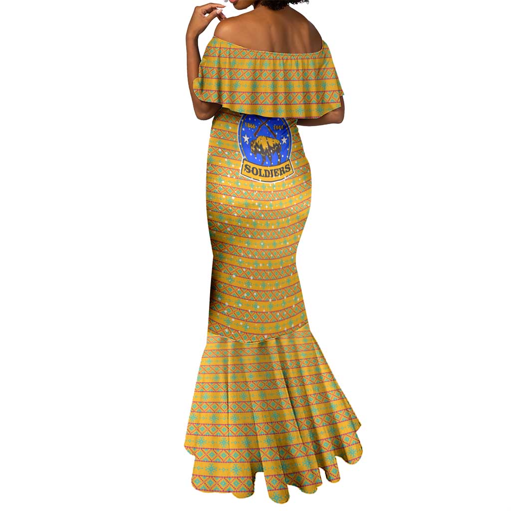 Buffalo Soldiers Christmas Mermaid Dress Yellow Cartoon Buffalo Santa Hat Design - African Pride