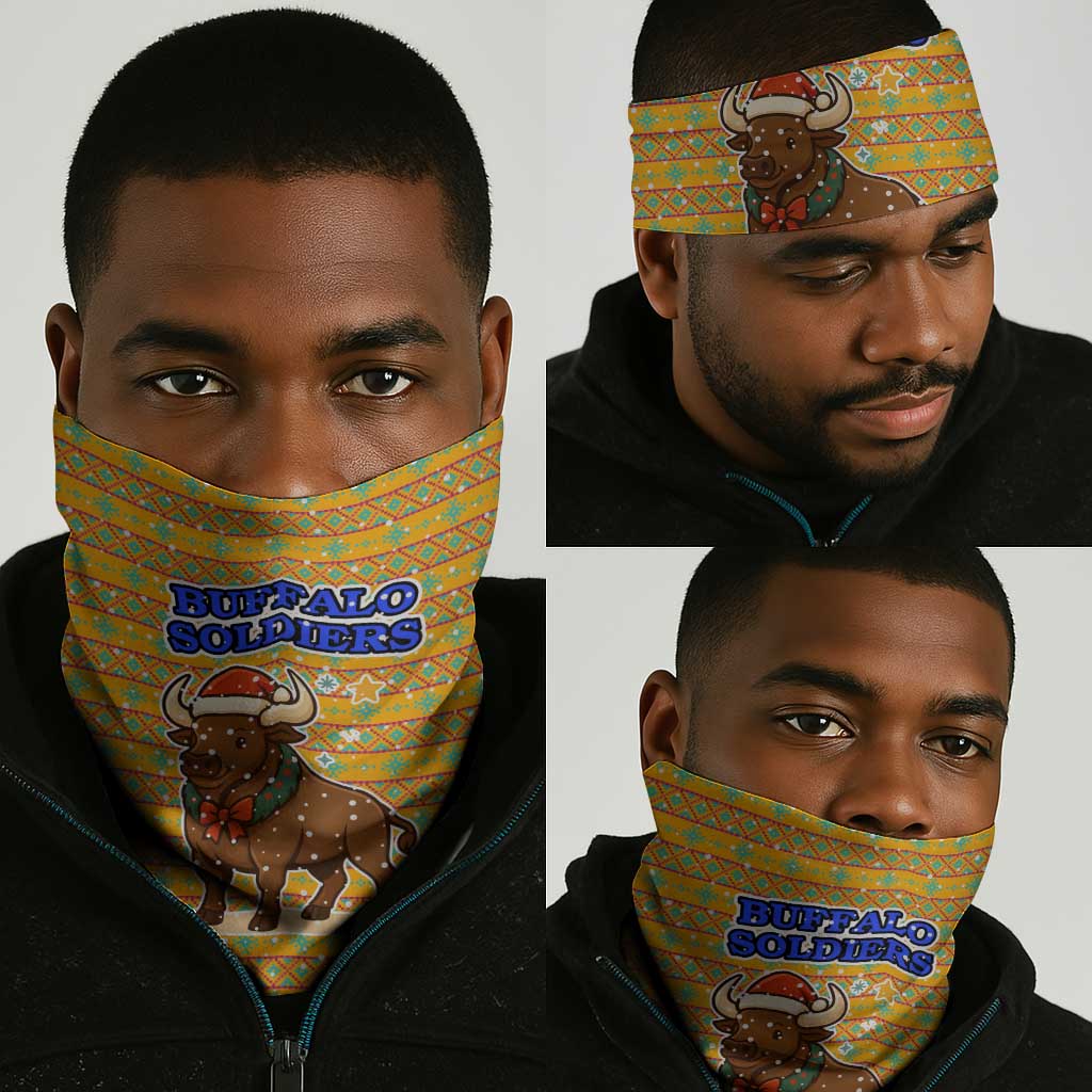 Buffalo Soldiers Christmas Neck Gaiter Yellow Cartoon Buffalo Santa Hat Design - African Pride
