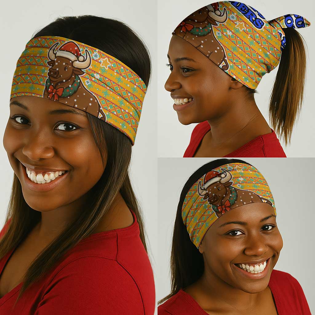 Buffalo Soldiers Christmas Neck Gaiter Yellow Cartoon Buffalo Santa Hat Design - African Pride