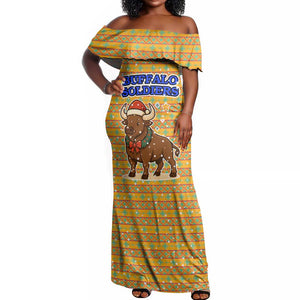 Buffalo Soldiers Christmas Off Shoulder Maxi Dress Yellow Cartoon Buffalo Santa Hat Design - African Pride