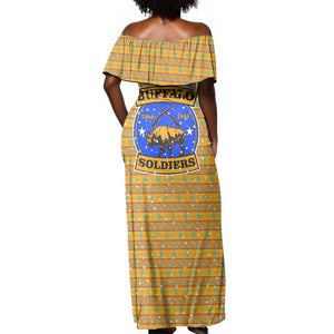Buffalo Soldiers Christmas Off Shoulder Maxi Dress Yellow Cartoon Buffalo Santa Hat Design - African Pride
