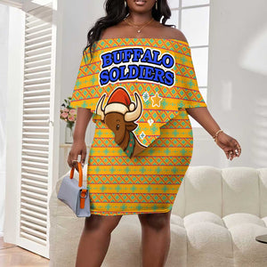 Buffalo Soldiers Christmas Off Shoulder Short Dress Yellow Cartoon Buffalo Santa Hat Design - African Pride