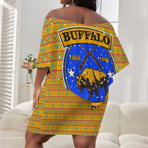 Buffalo Soldiers Christmas Off Shoulder Short Dress Yellow Cartoon Buffalo Santa Hat Design - African Pride