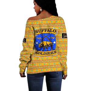 Buffalo Soldiers Christmas Off Shoulder Sweater Yellow Cartoon Buffalo Santa Hat Design - African Pride