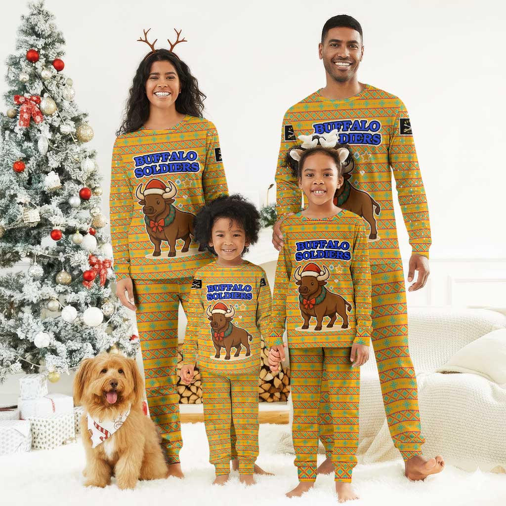 Buffalo Soldiers Christmas Pajama Set Yellow Cartoon Buffalo Santa Hat Design - African Pride