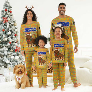 Buffalo Soldiers Christmas Pajama Set Yellow Cartoon Buffalo Santa Hat Design - African Pride