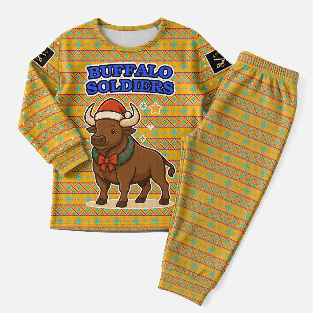 Buffalo Soldiers Christmas Pajama Set Yellow Cartoon Buffalo Santa Hat Design - African Pride