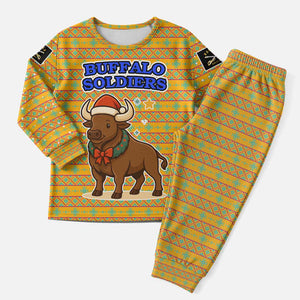 Buffalo Soldiers Christmas Pajama Set Yellow Cartoon Buffalo Santa Hat Design - African Pride