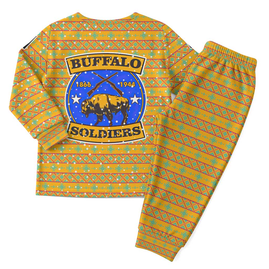 Buffalo Soldiers Christmas Pajama Set Yellow Cartoon Buffalo Santa Hat Design - African Pride