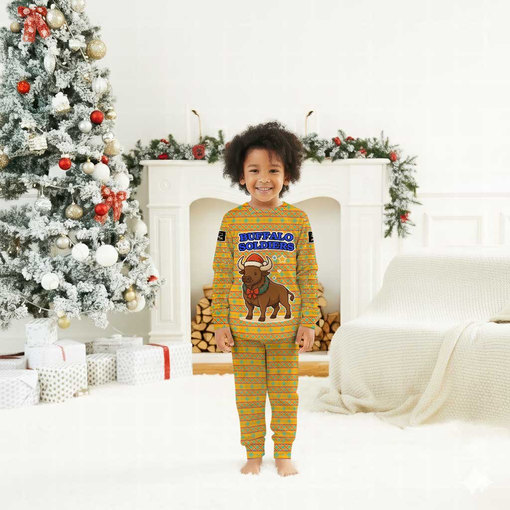 Buffalo Soldiers Christmas Pajama Set Yellow Cartoon Buffalo Santa Hat Design - African Pride