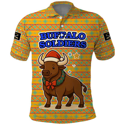 Buffalo Soldiers Christmas Polo Shirt Yellow Cartoon Buffalo Santa Hat Design - African Pride