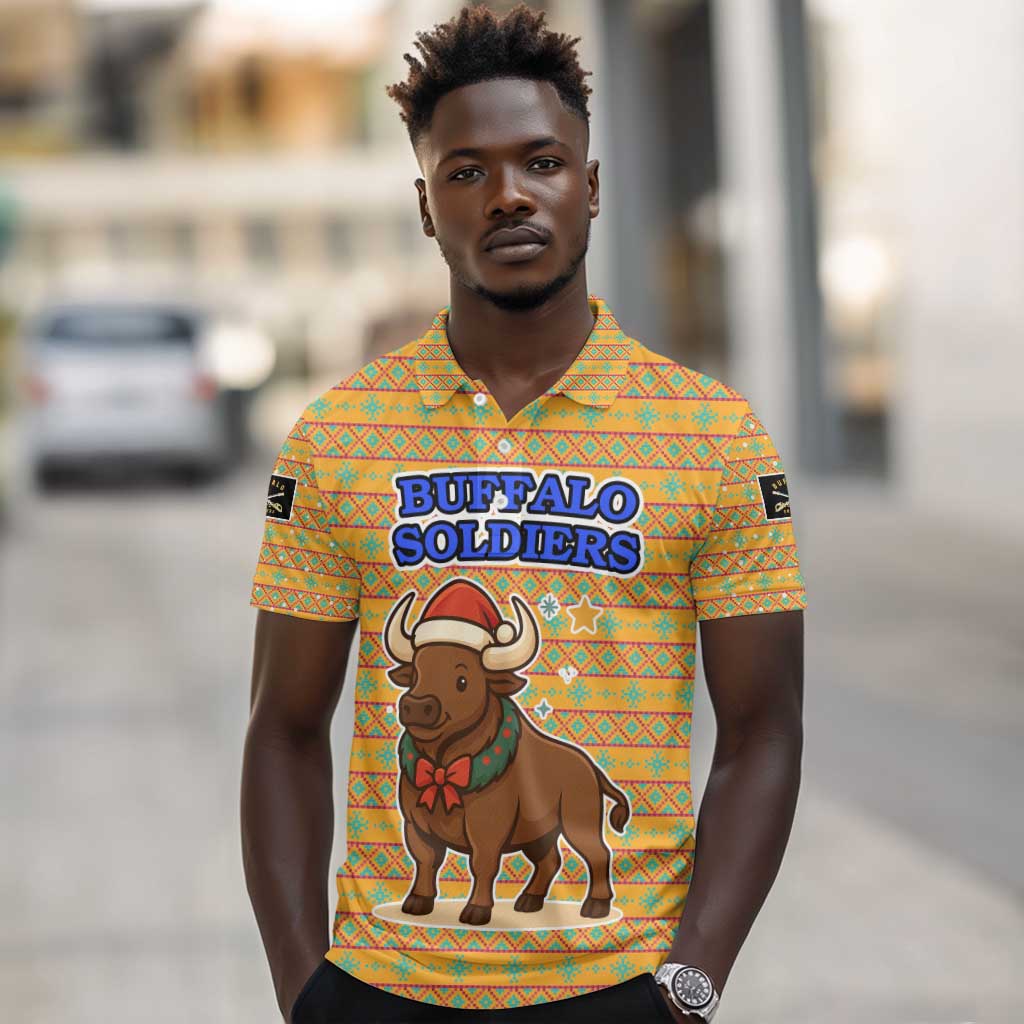 Buffalo Soldiers Christmas Polo Shirt Yellow Cartoon Buffalo Santa Hat Design - African Pride