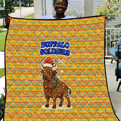 Buffalo Soldiers Christmas Quilt Yellow Cartoon Buffalo Santa Hat Design - African Pride