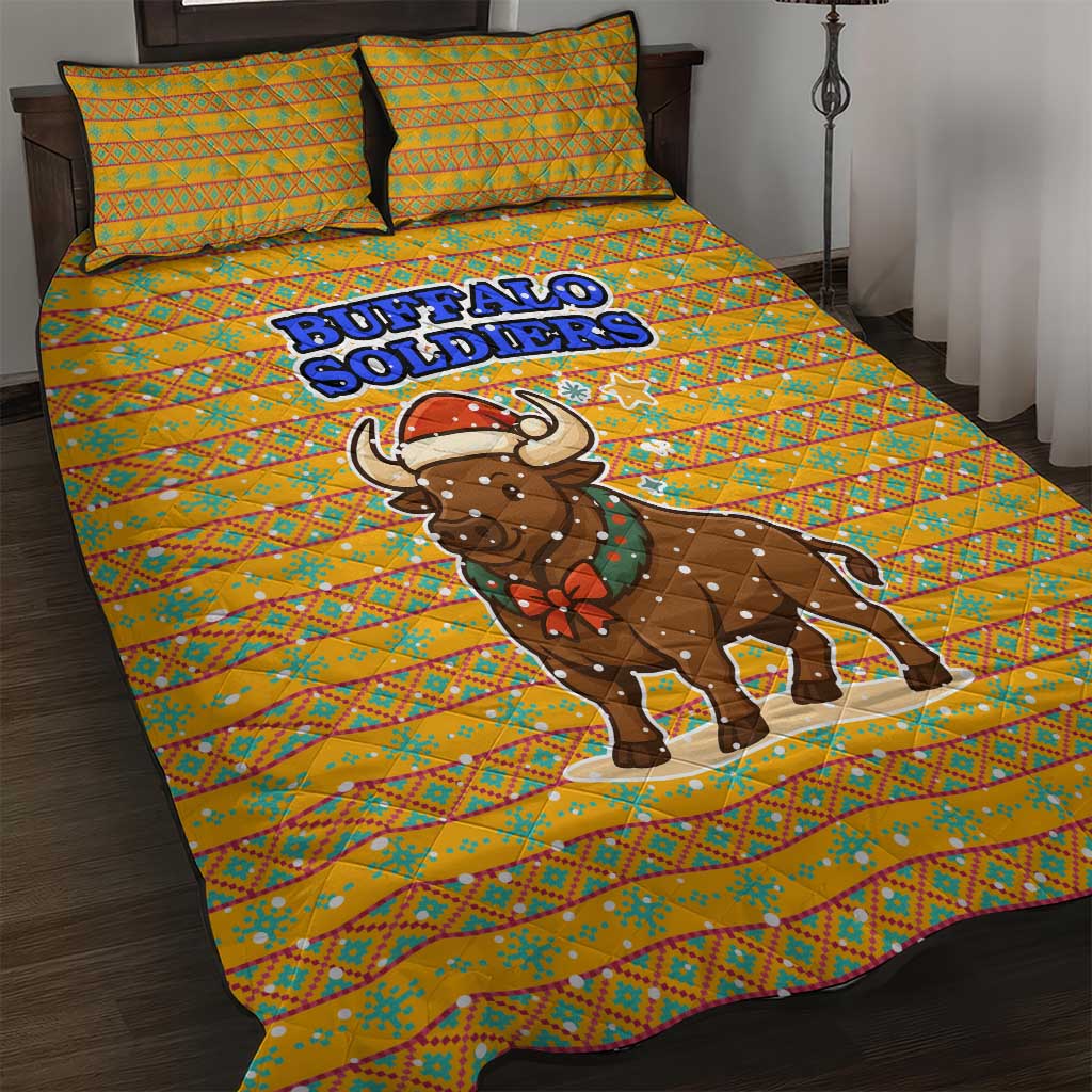 Buffalo Soldiers Christmas Quilt Bed Set Yellow Cartoon Buffalo Santa Hat Design - African Pride