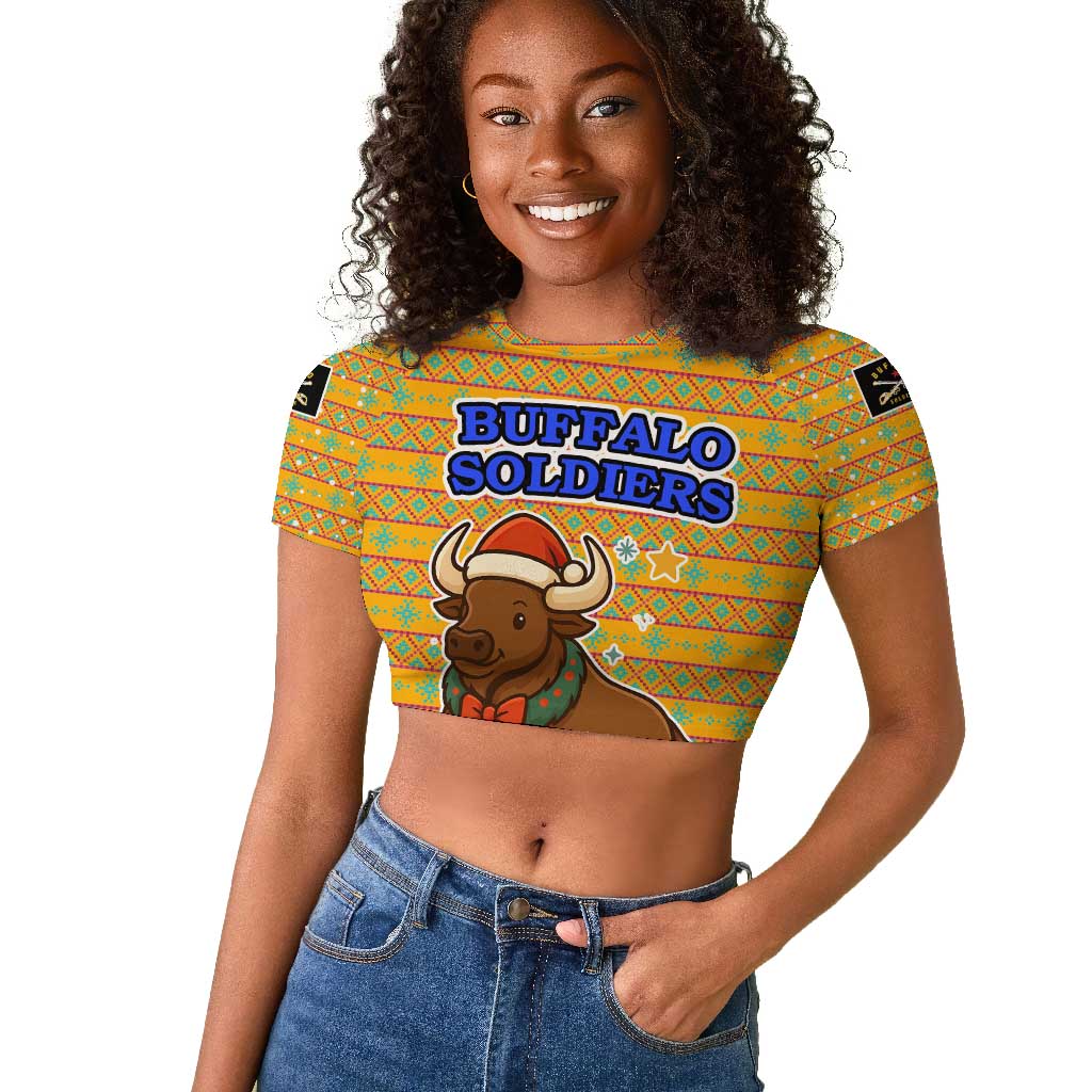 Buffalo Soldiers Christmas Raglan Cropped T shirt Yellow Cartoon Buffalo Santa Hat Design - African Pride