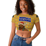 Buffalo Soldiers Christmas Raglan Cropped T shirt Yellow Cartoon Buffalo Santa Hat Design - African Pride