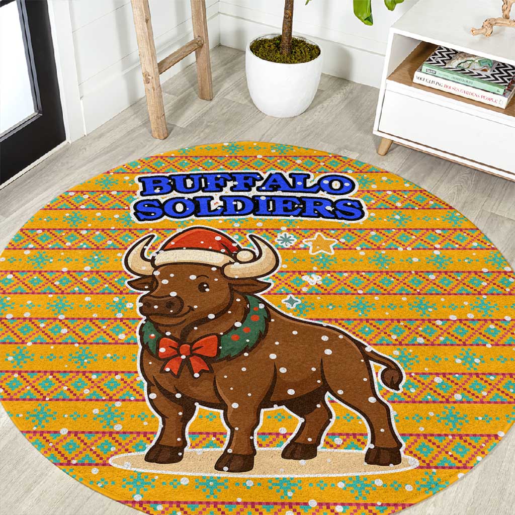 Buffalo Soldiers Christmas Round Carpet Yellow Cartoon Buffalo Santa Hat Design - African Pride