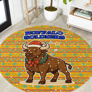 Buffalo Soldiers Christmas Round Carpet Yellow Cartoon Buffalo Santa Hat Design - African Pride