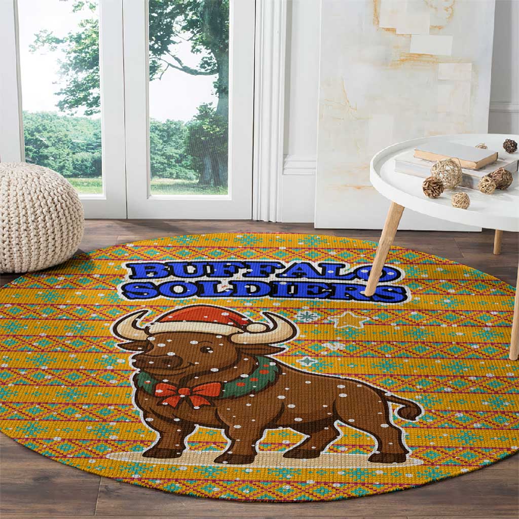 Buffalo Soldiers Christmas Round Carpet Yellow Cartoon Buffalo Santa Hat Design - African Pride
