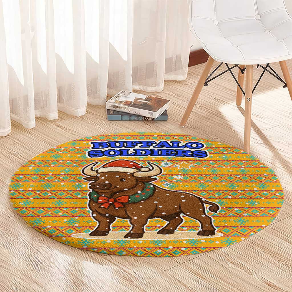 Buffalo Soldiers Christmas Round Carpet Yellow Cartoon Buffalo Santa Hat Design - African Pride