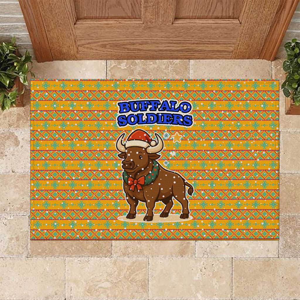 Buffalo Soldiers Christmas Rubber Doormat Yellow Cartoon Buffalo Santa Hat Design - African Pride
