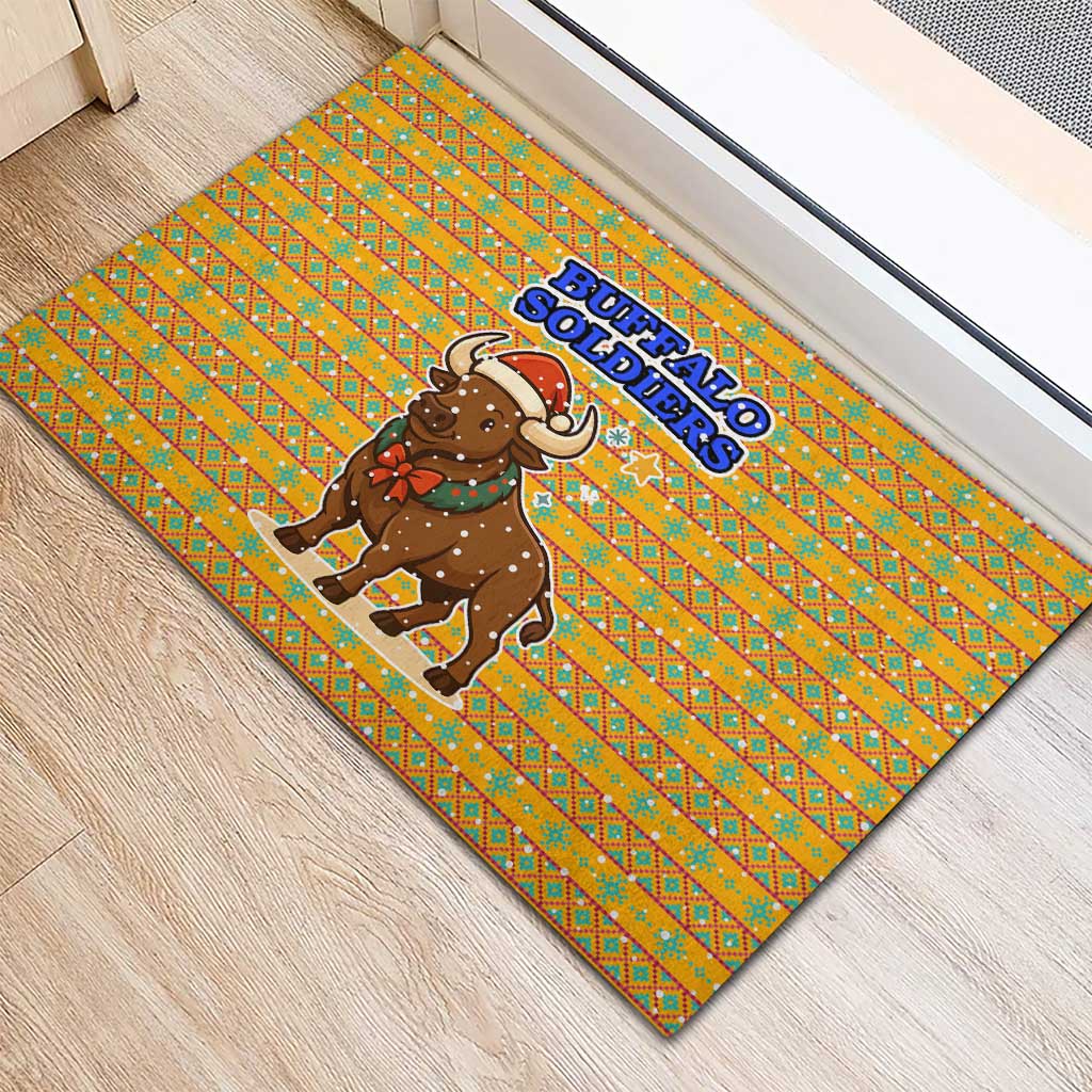 Buffalo Soldiers Christmas Rubber Doormat Yellow Cartoon Buffalo Santa Hat Design - African Pride