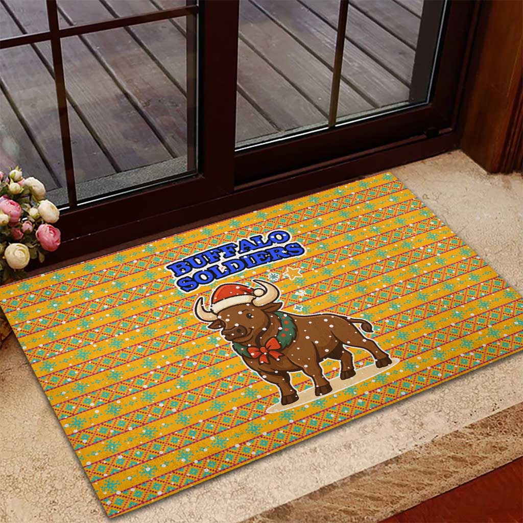 Buffalo Soldiers Christmas Rubber Doormat Yellow Cartoon Buffalo Santa Hat Design - African Pride