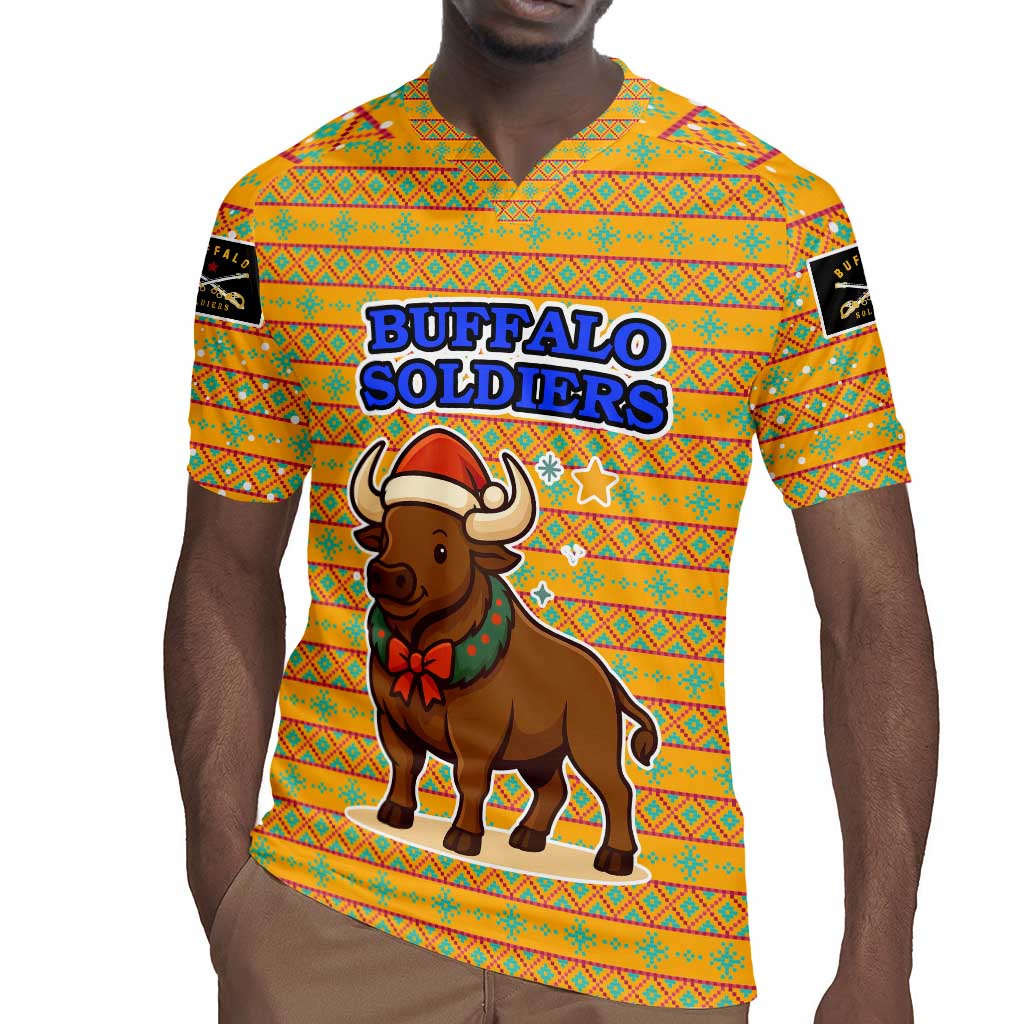 Buffalo Soldiers Christmas Rugby Jersey Yellow Cartoon Buffalo Santa Hat Design - African Pride