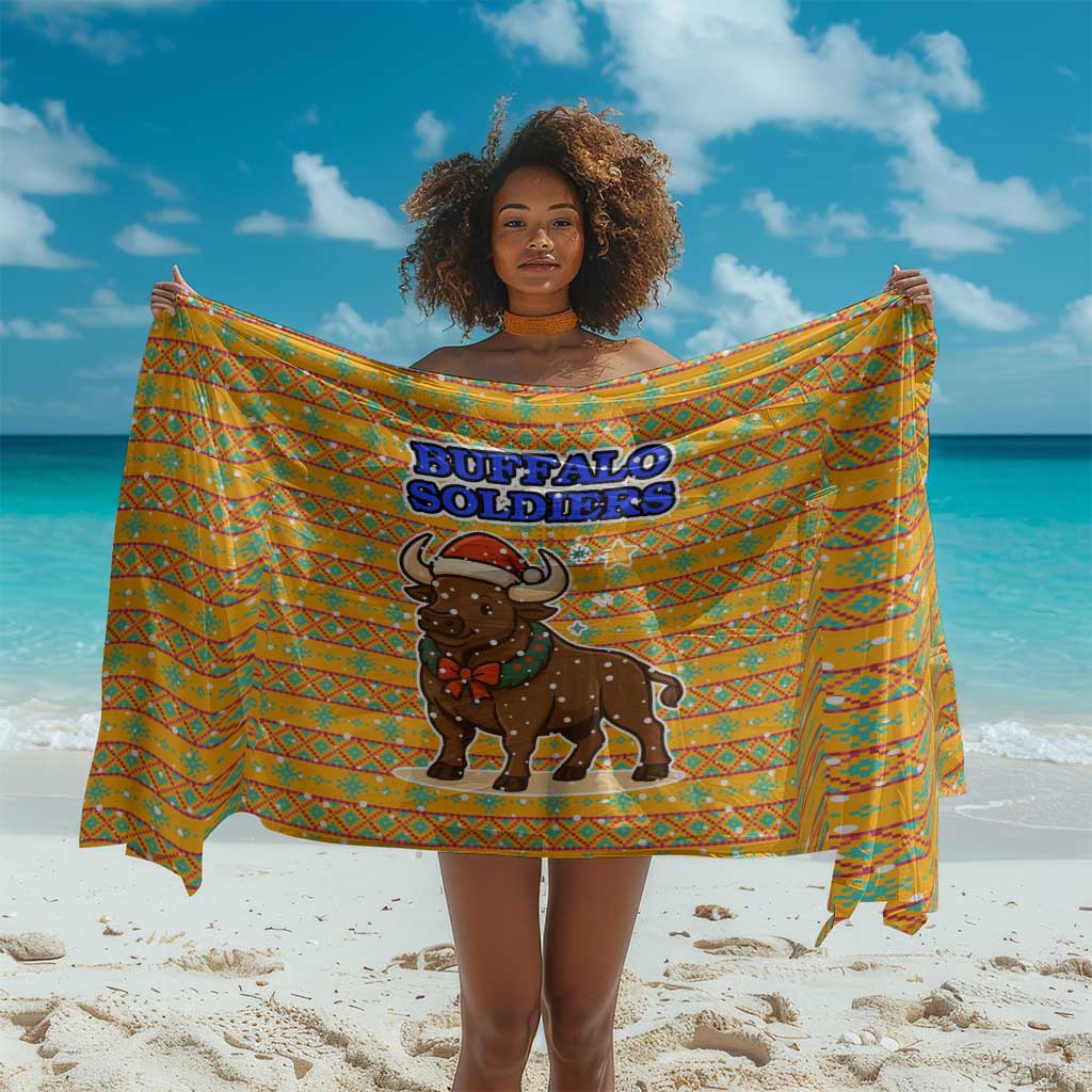 Buffalo Soldiers Christmas Sarong Yellow Cartoon Buffalo Santa Hat Design - African Pride
