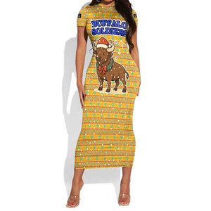 Buffalo Soldiers Christmas Short Sleeve Bodycon Dress Yellow Cartoon Buffalo Santa Hat Design - African Pride