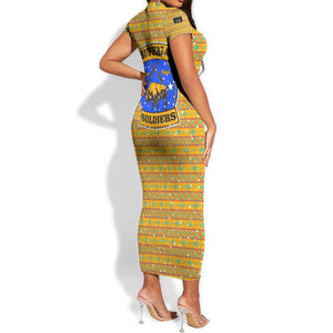 Buffalo Soldiers Christmas Short Sleeve Bodycon Dress Yellow Cartoon Buffalo Santa Hat Design - African Pride