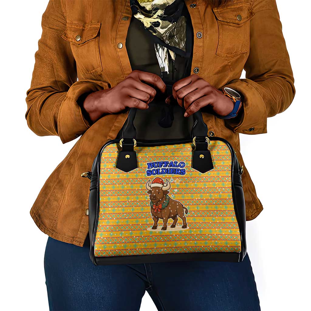 Buffalo Soldiers Christmas Shoulder Handbag Yellow Cartoon Buffalo Santa Hat Design - African Pride