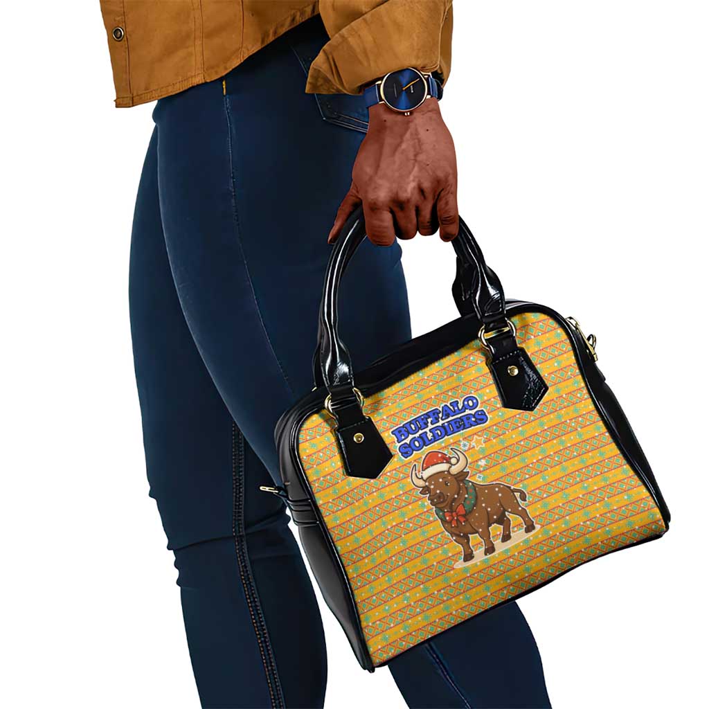 Buffalo Soldiers Christmas Shoulder Handbag Yellow Cartoon Buffalo Santa Hat Design - African Pride
