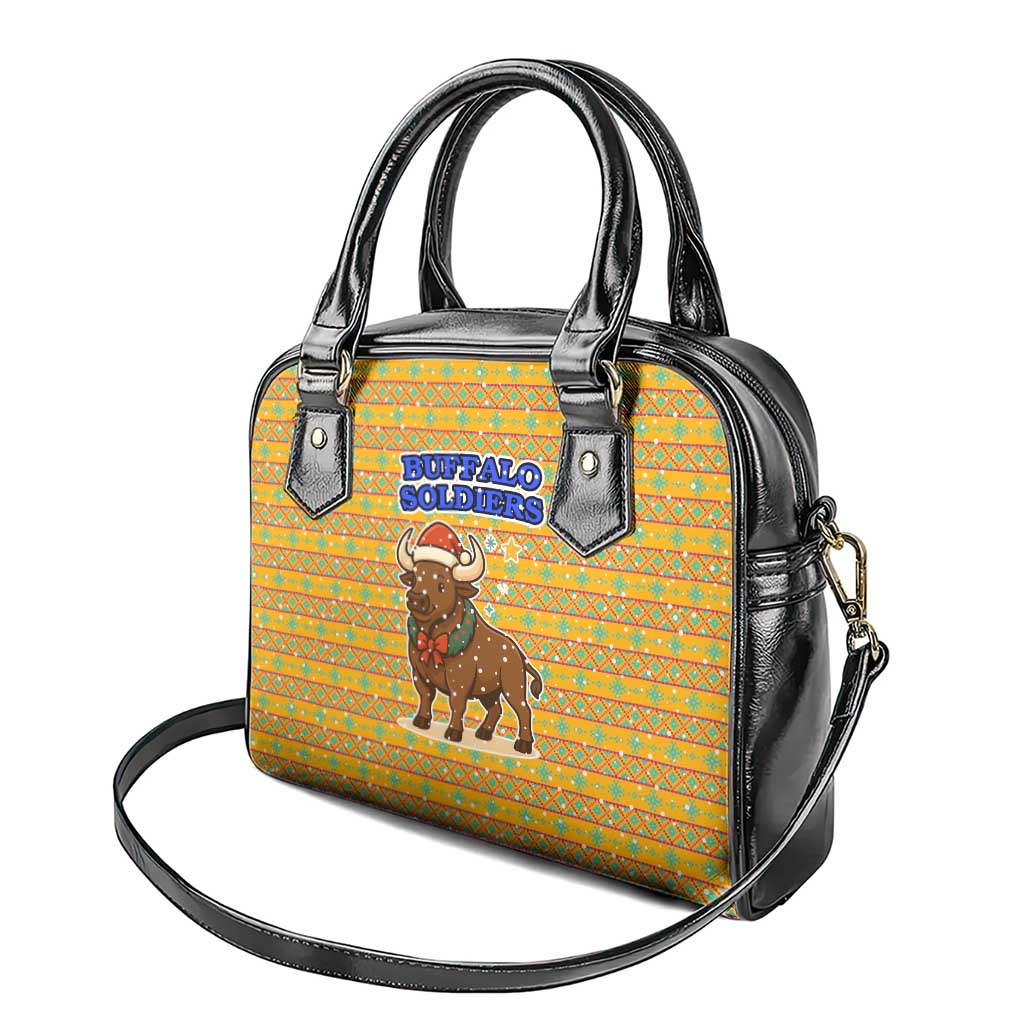 Buffalo Soldiers Christmas Shoulder Handbag Yellow Cartoon Buffalo Santa Hat Design - African Pride