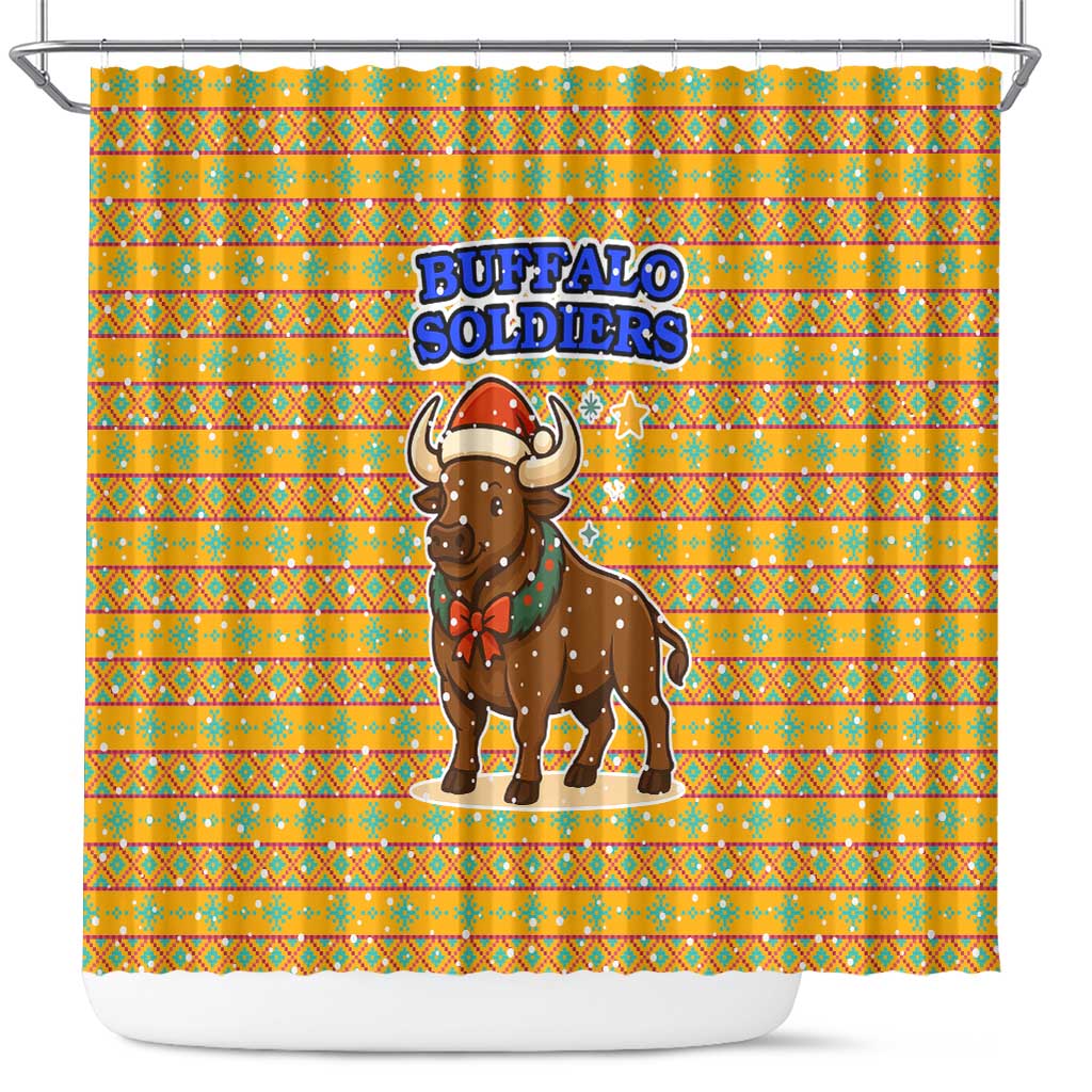 Buffalo Soldiers Christmas Shower Curtain Yellow Cartoon Buffalo Santa Hat Design - African Pride