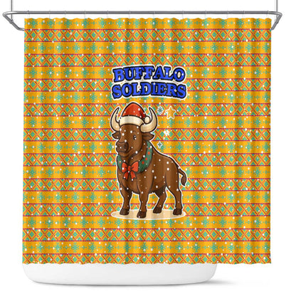 Buffalo Soldiers Christmas Shower Curtain Yellow Cartoon Buffalo Santa Hat Design - African Pride