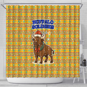 Buffalo Soldiers Christmas Shower Curtain Yellow Cartoon Buffalo Santa Hat Design - African Pride